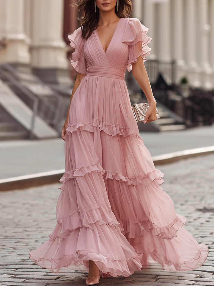 Short Sleeve Flutter Ruffled V-Neck Tiered Maxi Dress