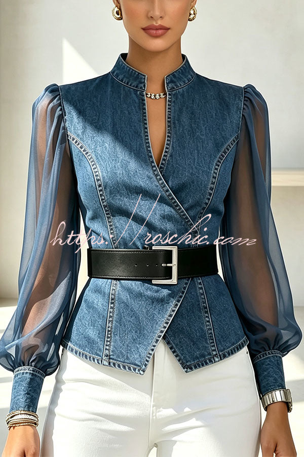 Faux Denim & Sheer Tulle Sculpted Crossover Blouse