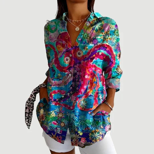 Hajnalka Blouse with Colorful Design, view 5 - Elena Harper