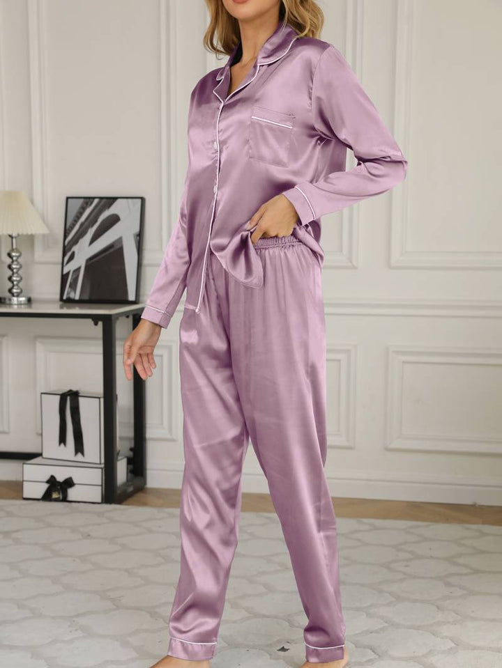 Amber-Louise | Women's Satin Pajama Set with Button Closure and Long Pants