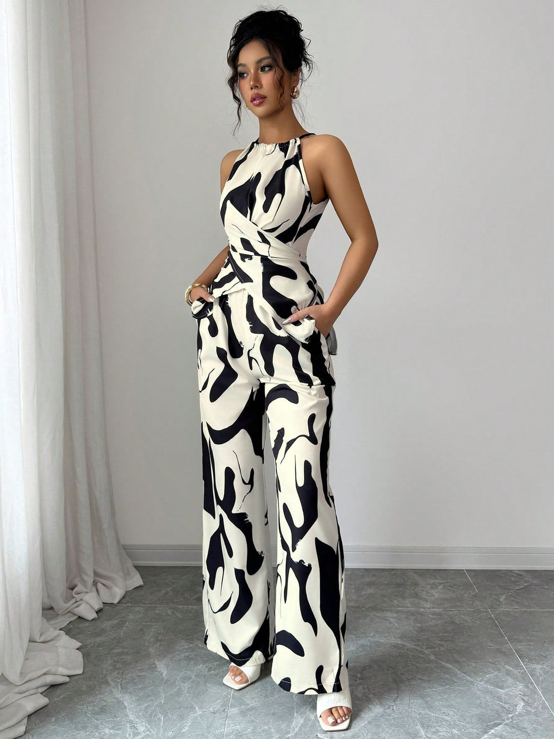 Women's Black and White Printed Halter Jumpsuit