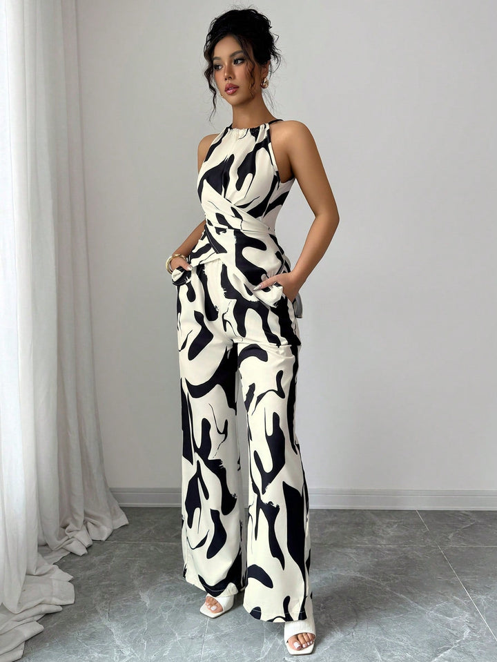 Women's Black and White Printed Halter Jumpsuit