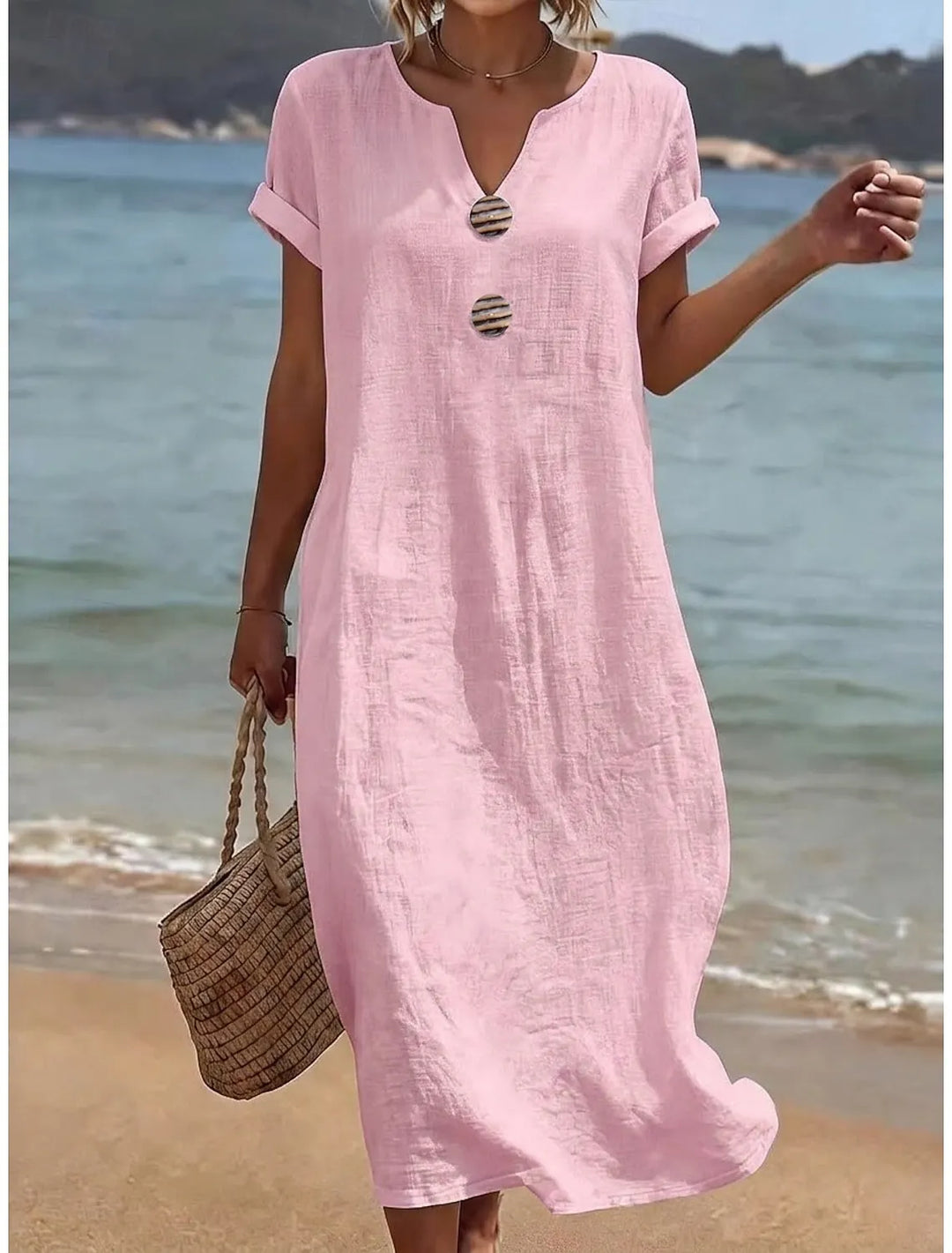 Long Women's Dress with Split Neckline and Decorative Buttons