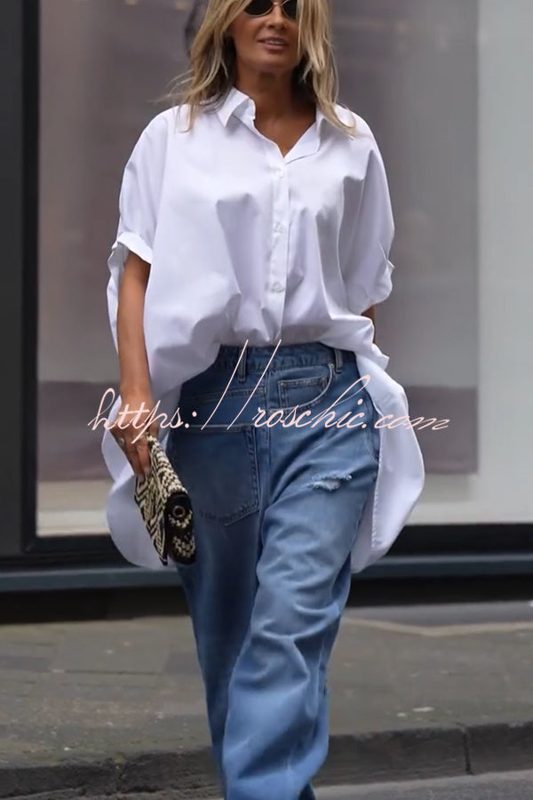 Tania Cotton Blend Button Up Wide Sleeve Oversized Long Shirt