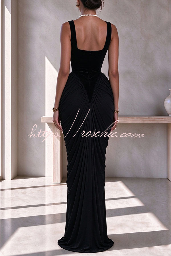Eira Velvet Square Neck Ruched Drape Hem Maxi Dress