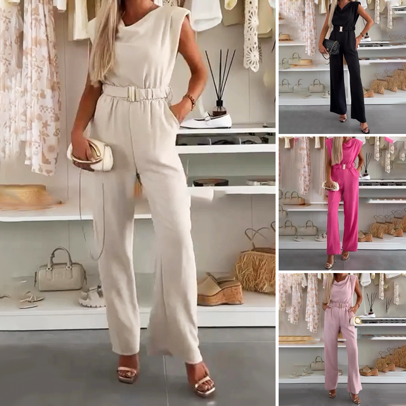 Sleeveless Women's Jumpsuit with Draped Neckline and Elastic Waist Elegant - Elena Harper