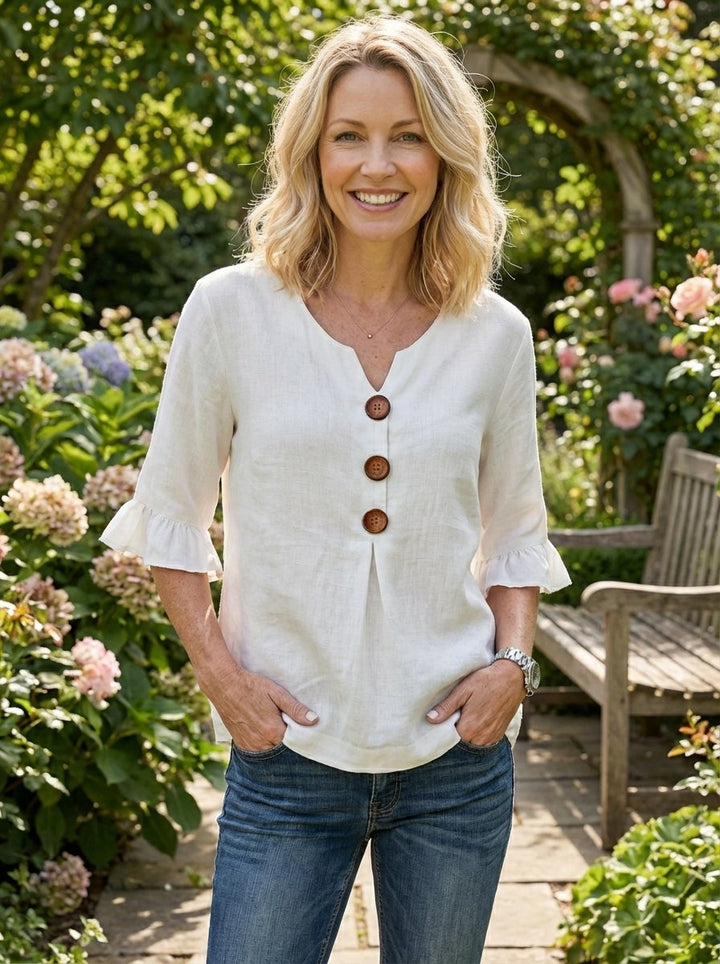 Women's Solid Color Blouse with Puff Sleeves, Buttons, Fluid Cut, Casual Style