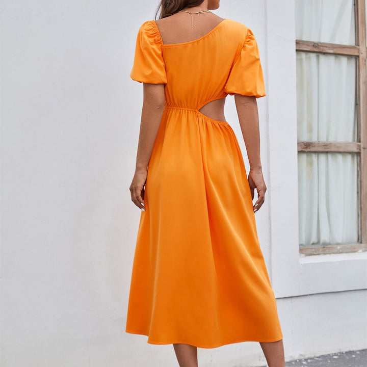 Women's midi dress with asymmetrical neckline in elegant style - Mariela