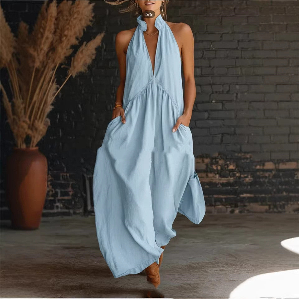Women's Resort Style Dress with Mandarin Collar and Front Button Closure Cotton and Linen Blend, view 4 - Elena Harper