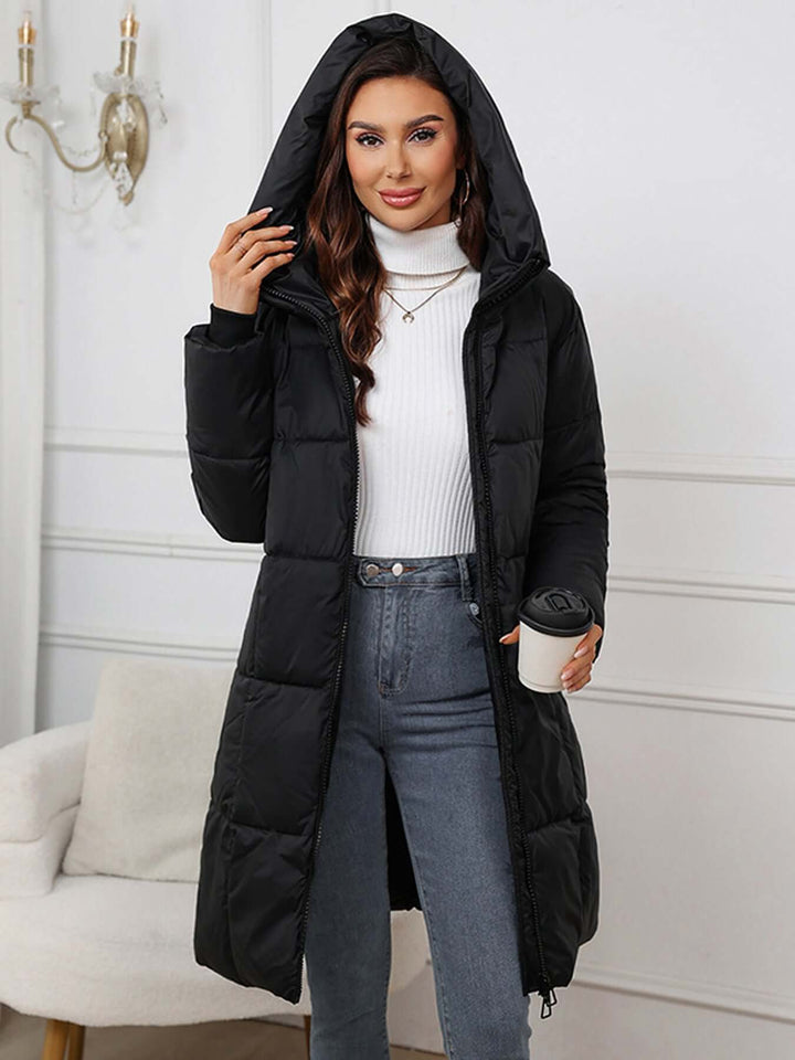 Women's Long Hooded Winter Puffer Coat, view 10 - Elena Harper
