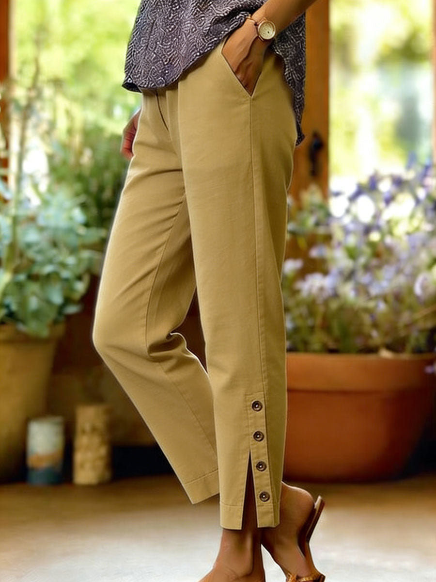 Women's Cotton Linen Casual Fit Elegant Button Slit Pants