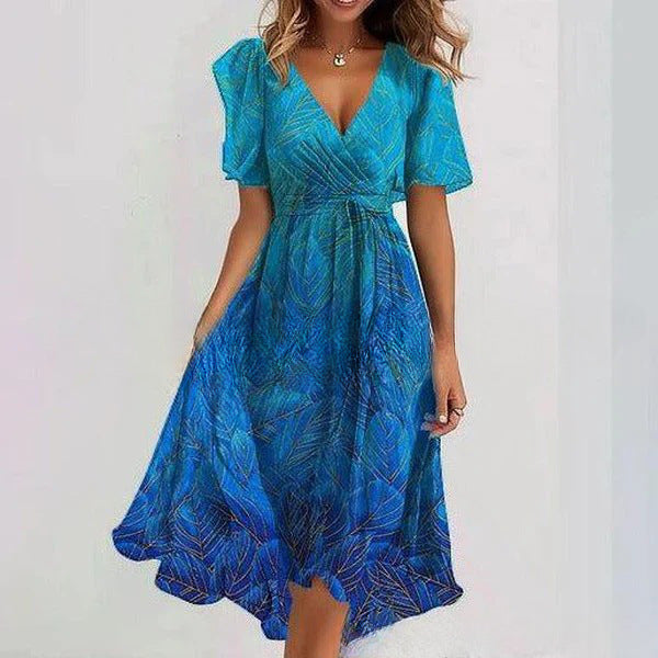 Women's Midi Floral Wrap Dress – A-Line Style with Short Sleeves