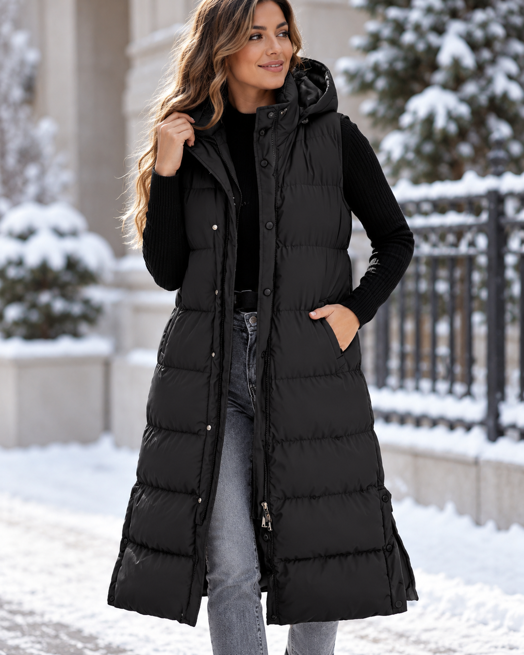 Eveline Long Padded Vest with Hood, view 4 - Elena Harper
