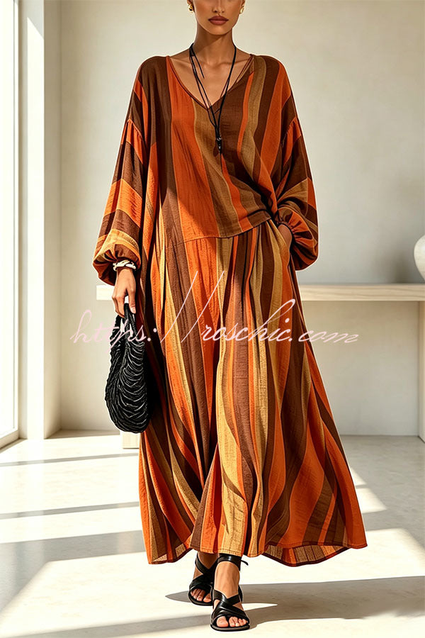 Vintage Striped Batwing Sleeve Long Set