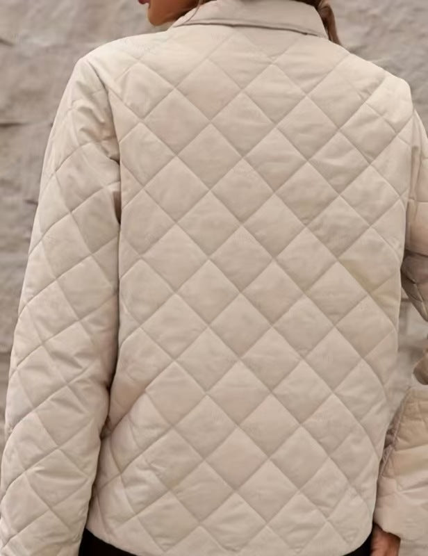 Women's Diamond Pattern Long Sleeve Coat – Solid Color with Classic Lapels and Relaxed Fit