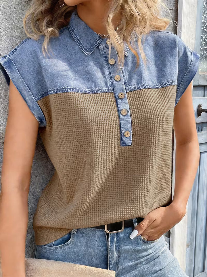 Haily Casual Denim Top with Patchwork Collar and Short Sleeves, view 9 - Elena Harper