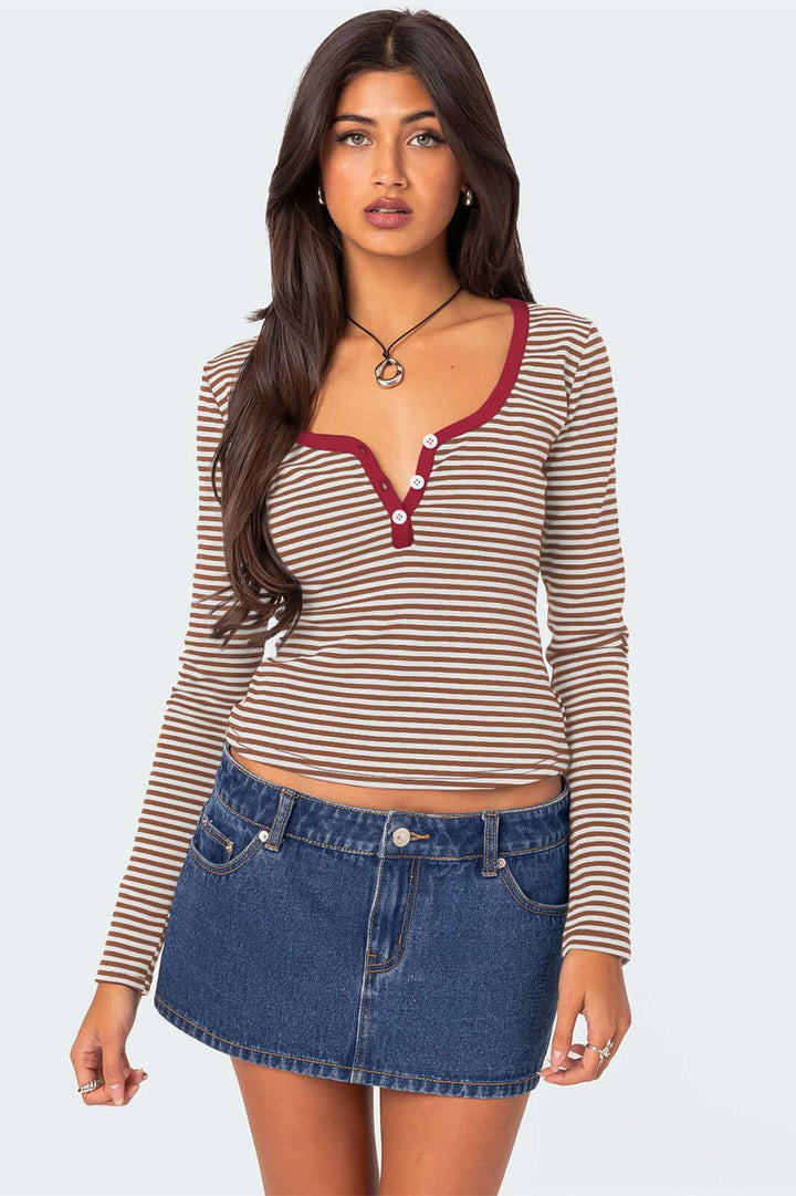 Women's Striped V-Neck Henley Top