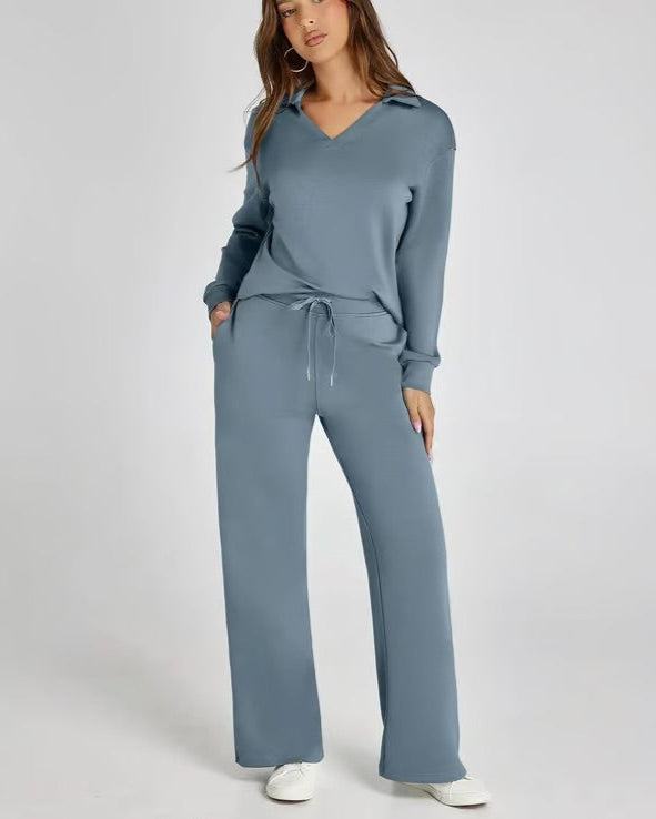 Autumn Women's Two-Piece Set with High Neck Sweatshirt and Wide Leg Pants