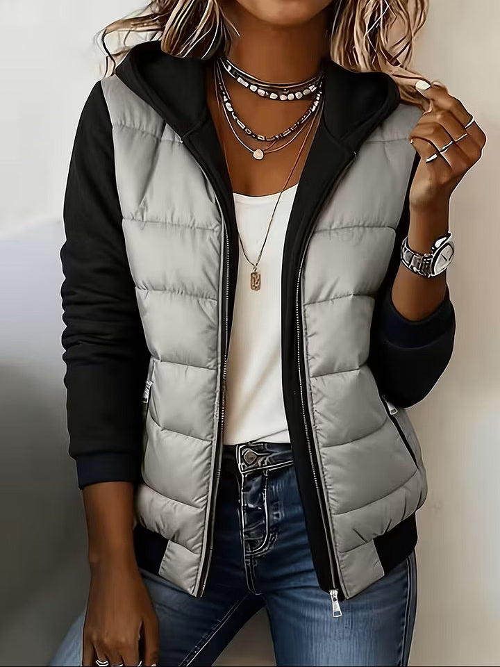Women's Quilted Jacket with Hood and Contrast Sleeves