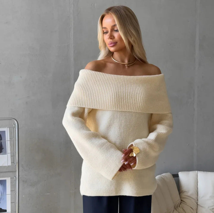 Women's Sweater with Lapel Collar and Bare Shoulders - Chic and Comfortable