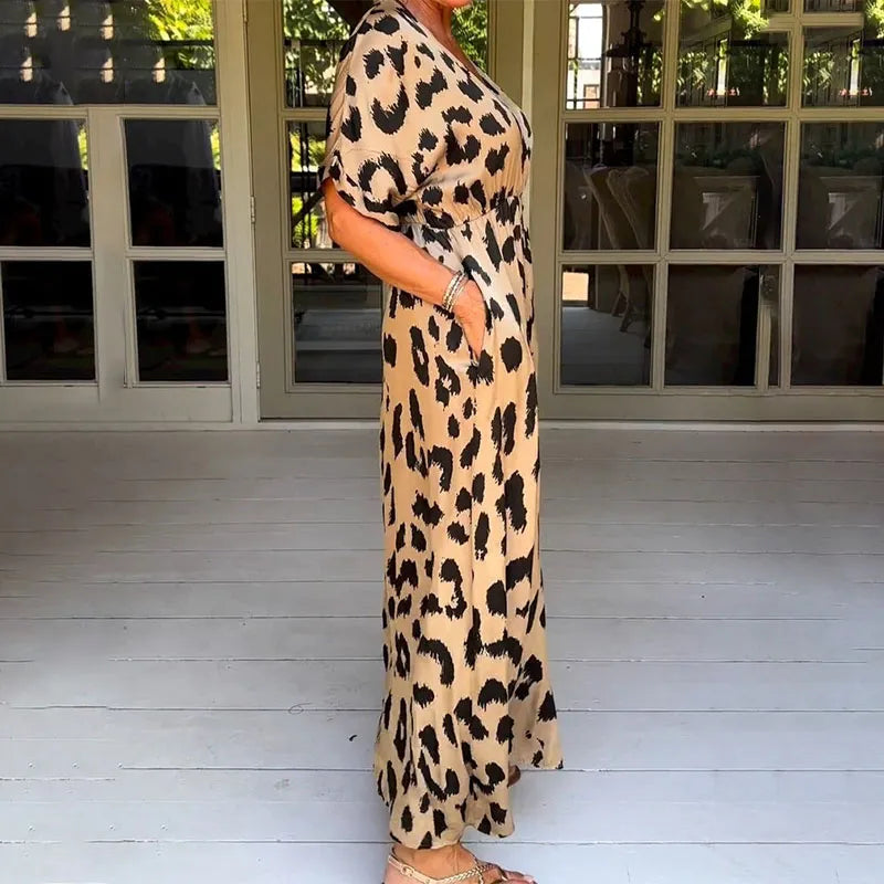 Women's Flowy V-Neck Leopard Print Maxi Dress
