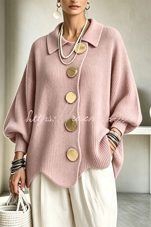 Shelia Knit Oversized Metal Buckle Balloon Sleeve Lapel Cardigan (Shipped Within 24 Hours), view 8 - Elena Harper