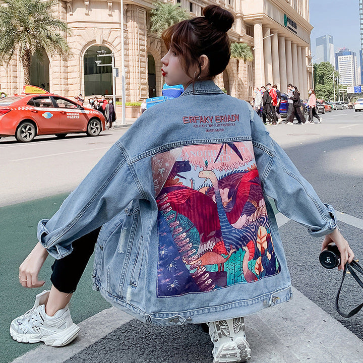 Women's Plus Size Denim Jacket with Embroidery and Long Sleeves