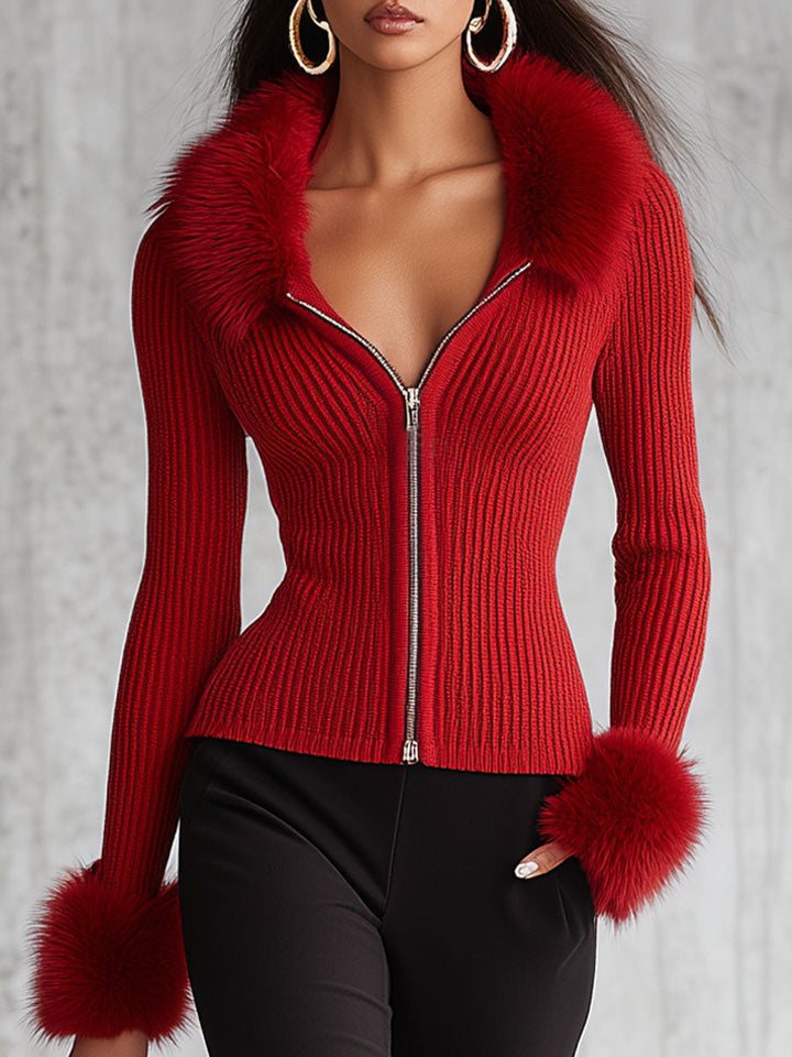 Lapel Zipper Faux Fur Collar Knitted Cardigan