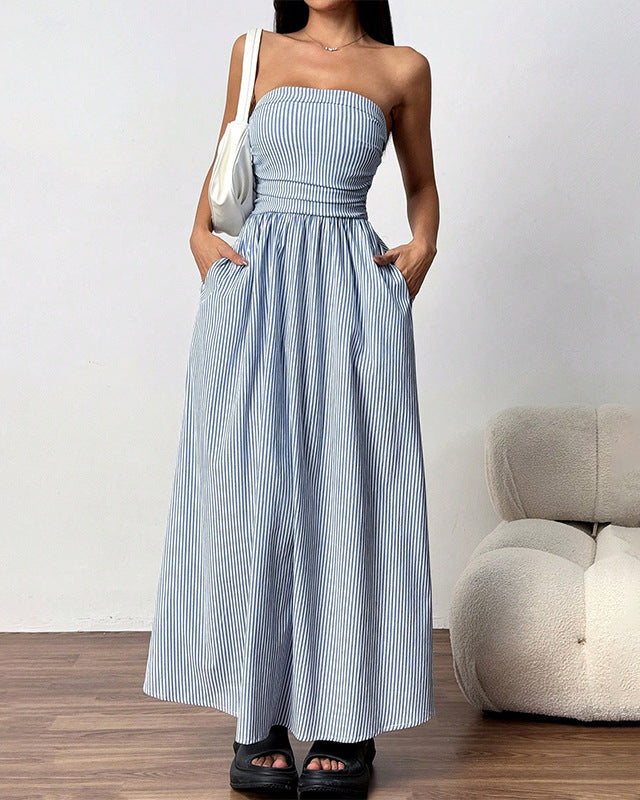 Summer Maxi Dress for Women Strapless with Pockets