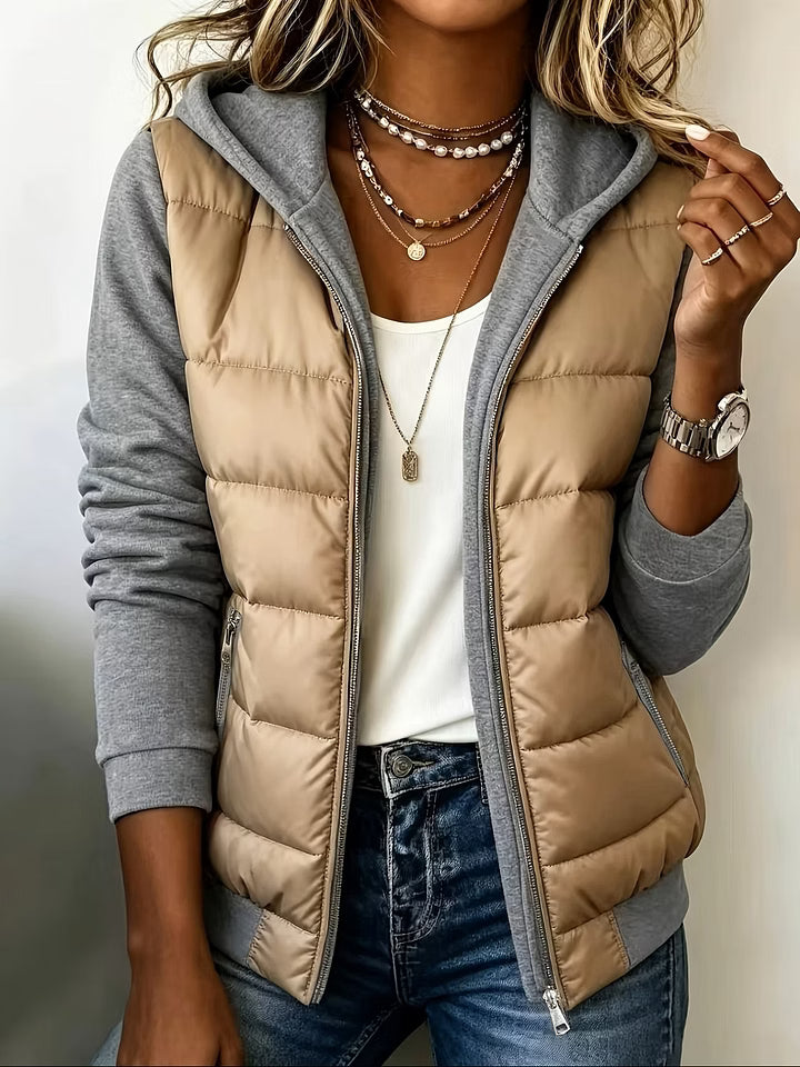 Women's Quilted Jacket with Hood and Contrast Sleeves