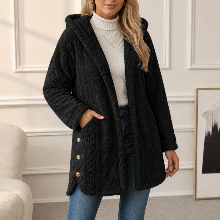 Amelia Plush Sherpa Jacket with Elegant Diamond Pattern, view 2 - Elena Harper