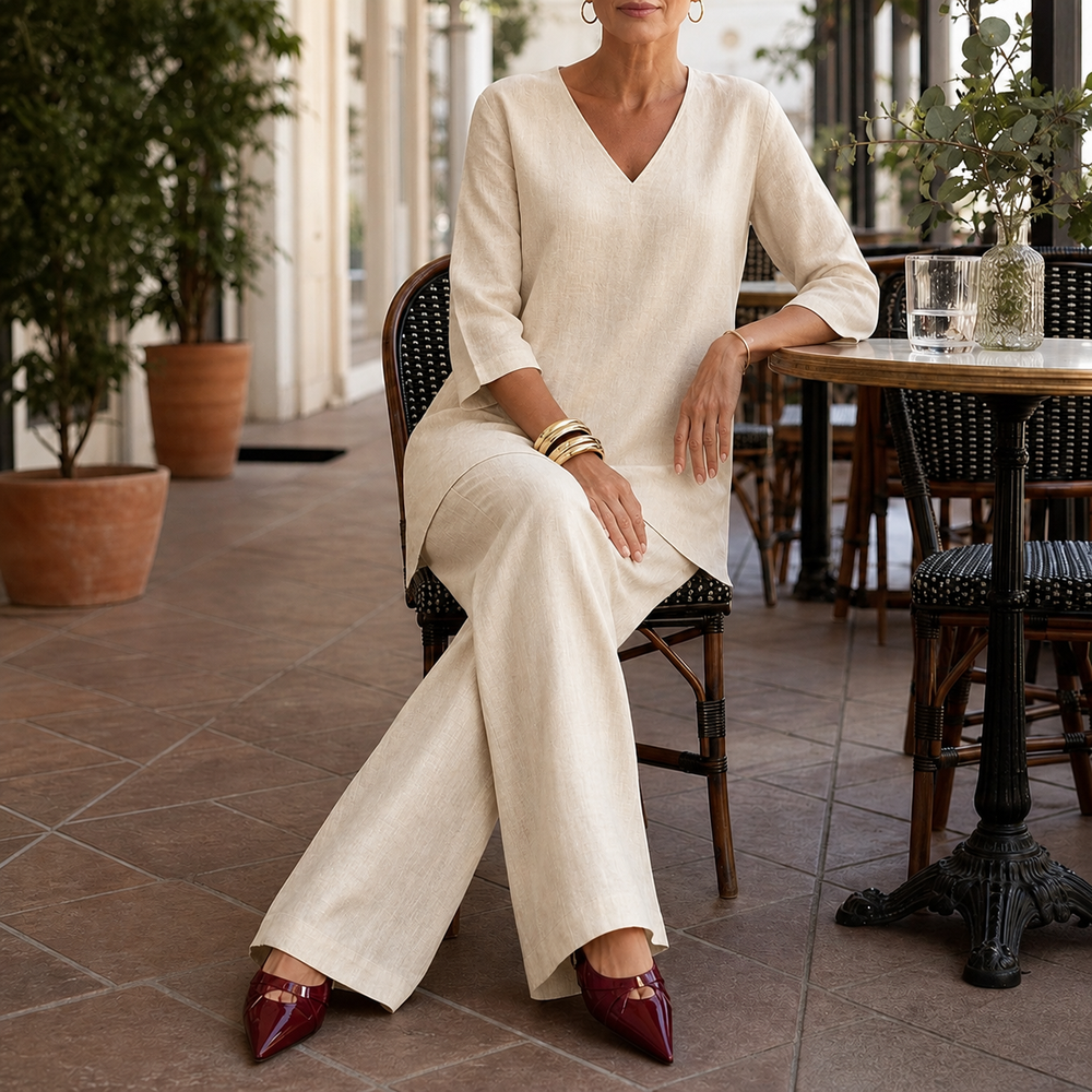 Draperly V-Neck Linen-Look Two-Piece Set - Elena Harper