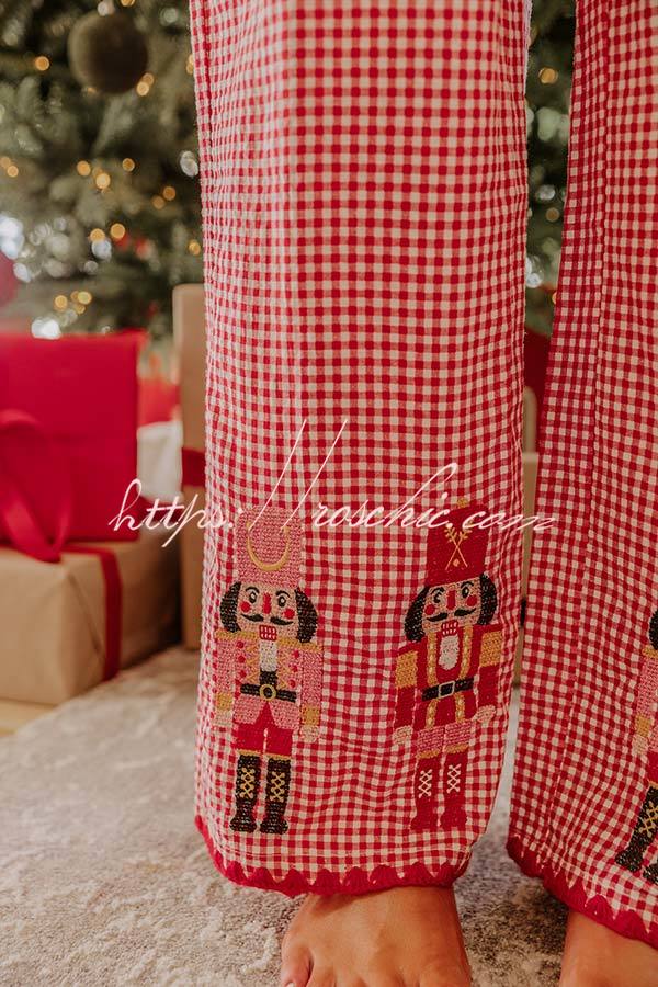 Nutcracker Charm Embroidered Gingham Loose Shirt and Elastic Waist Pajama Set