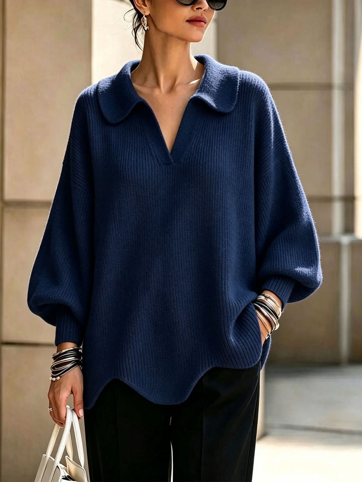Women's V-Neck Sweater with Lantern Sleeves - Casual and Feminine