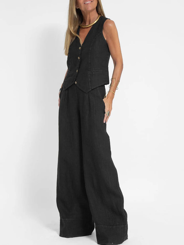 Women's Sleeveless V-Neck Wide-Leg Trouser Set - Elegant & Versatile