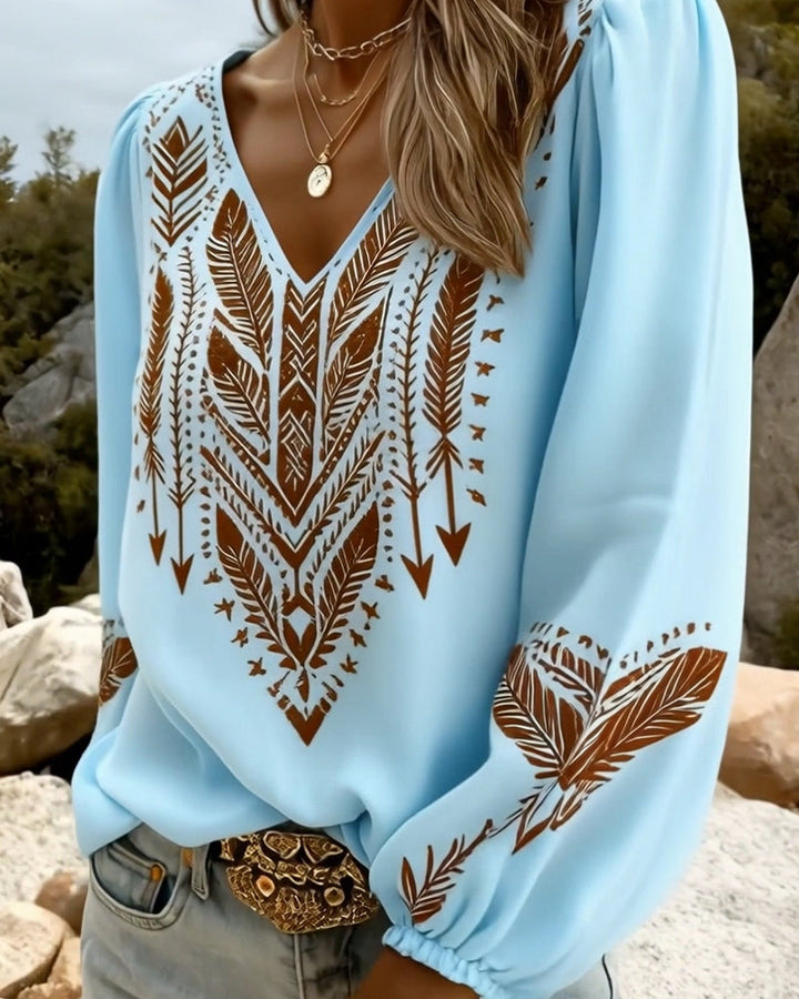 Bohemian Women's Blouse with V-Neck and Puff Sleeves