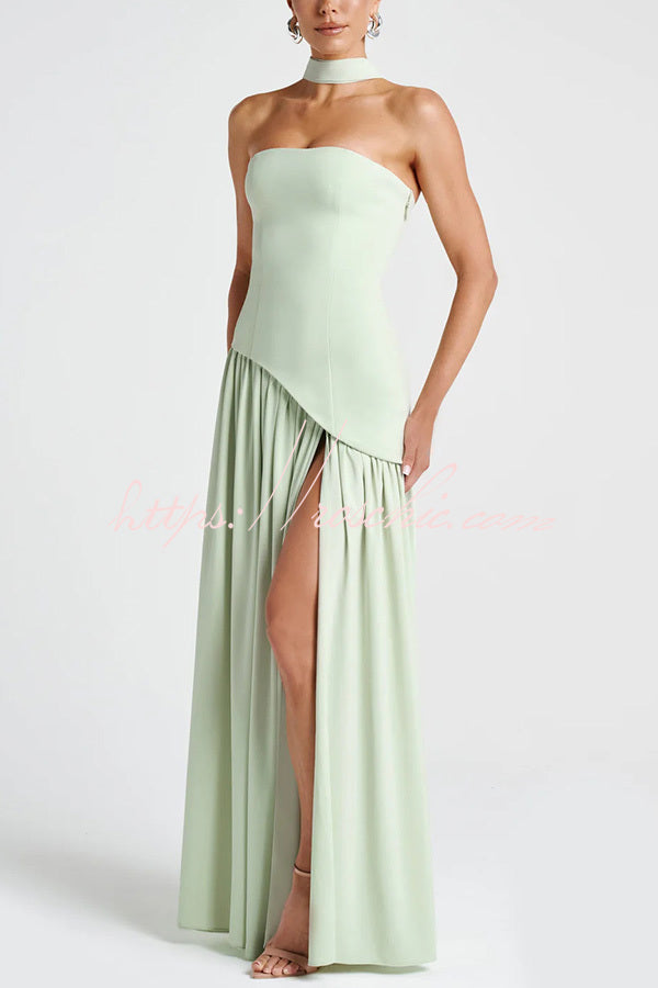 Elegant Off Shopulder Chiffon Pleated Hem Scarf Slit Maxi Dress