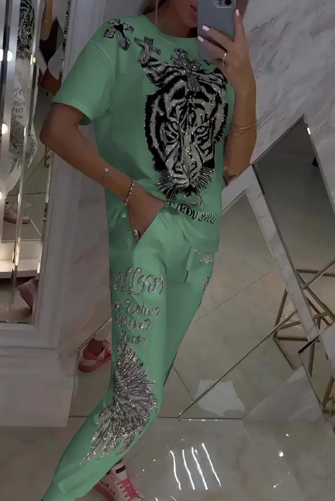 Quinzella Fashionable Set of Printed Top and Pants, view 5 - Elena Harper