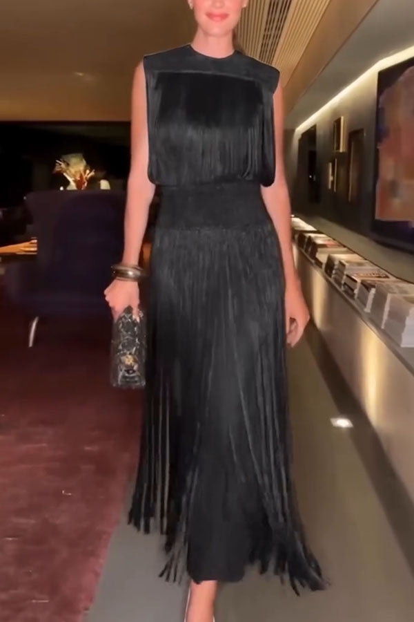 Elegant Textured Knit Tassel Sleeveless Top and Elastic Waistband Maxi Skirt Set, view 6 - Elena Harper