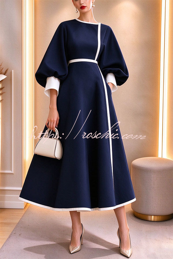 Elegant Color-block Lantern Sleeve Cinched Waist Pocketed Mid Dress