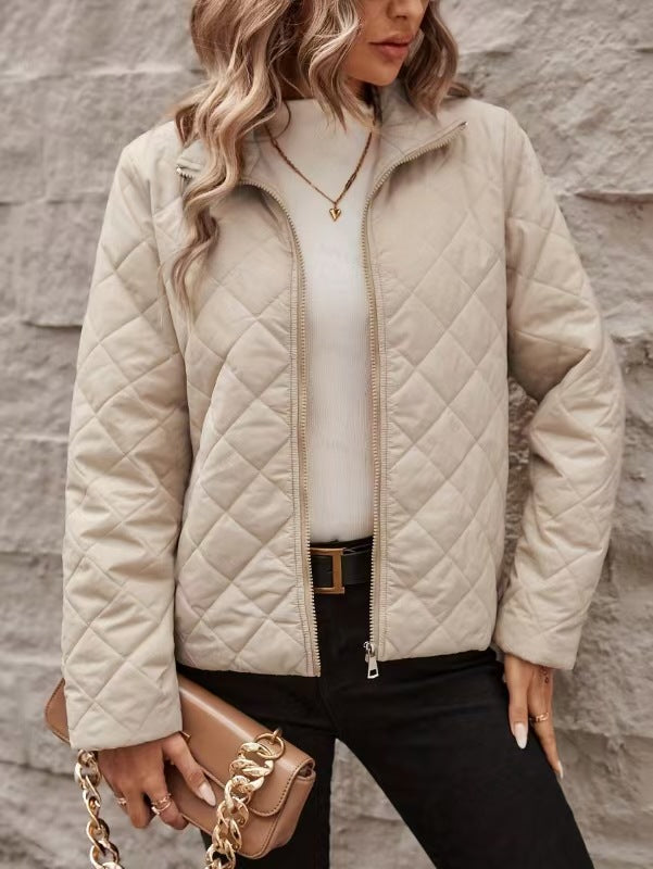 Women's Diamond Pattern Long Sleeve Coat – Solid Color with Classic Lapels and Relaxed Fit