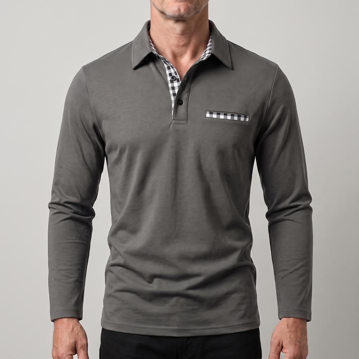 Adrian Elegant Long Sleeve Polo Shirt with Checked Details - Elena Harper