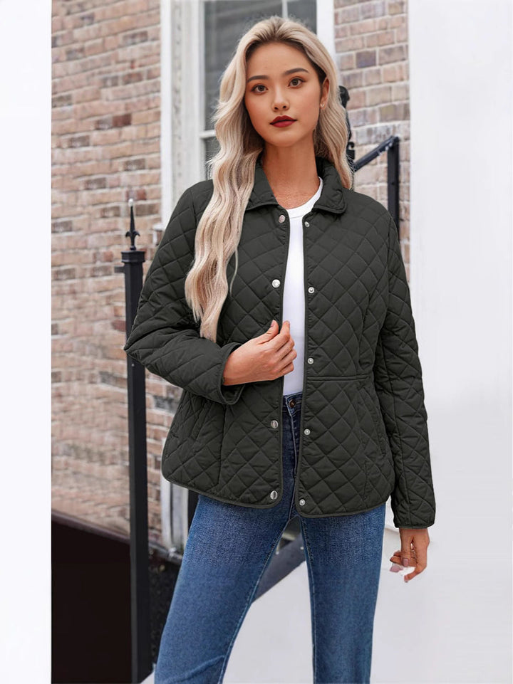 Women's Solid Quilted Jacket – Casual Style with Warm Notched Collar