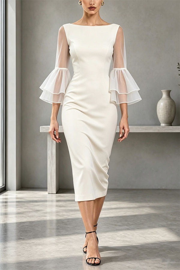 Formal Boat Neck Sheer Double Layer Bell Sleeve Bodycon Midi Dress