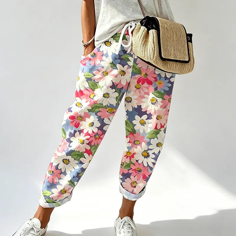 Women's Floral Pants with Adjustable Waist and Convenient Pockets