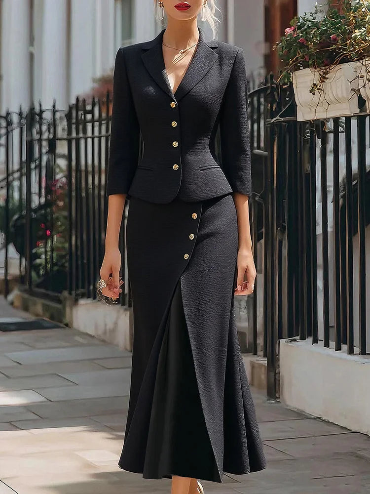 Francesca Elegant textured midi skirt suit with buttons and blazer, view 5 - Elena Harper