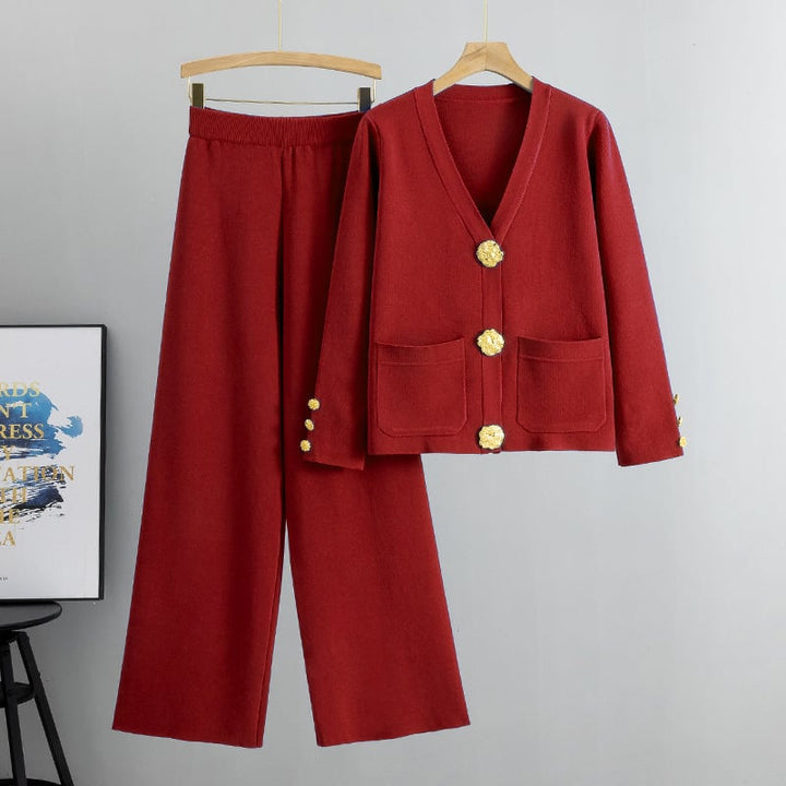 Azaria Wool Sweater Pantsuit with Metal Buttons, view 6 - Elena Harper