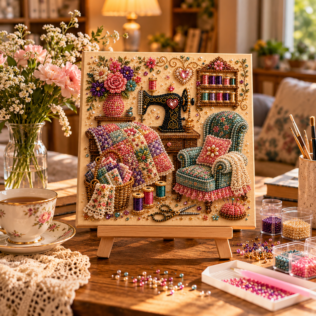 CozyGlow Sewing Room Diamond Painting Kit - Elena Harper