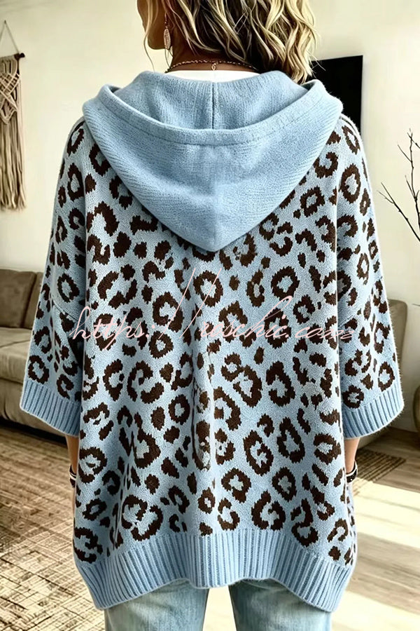 Comfortable and Casual Knit Leopard Print Half Sleeve Hoodie Sweater