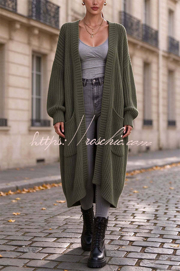 Trendy Thick Knit Open Front Long Sleeve Pocket Oversized Midi Cardigan